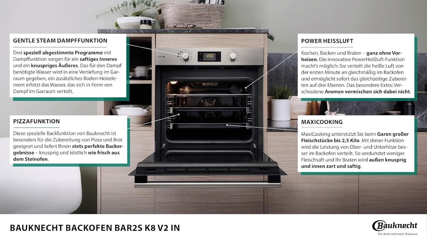 Bauknecht BAR2S K8 V2 in Four À Vapeur Avec Sortie De Four À 2 Positions/A+/71 L D'Espace De Cuisson Maxi/Air Chaud/Vapeur Douce Avec Ajout D'Humidité/Nettoyage Facile Avec Intérieur Smartclean, Acier