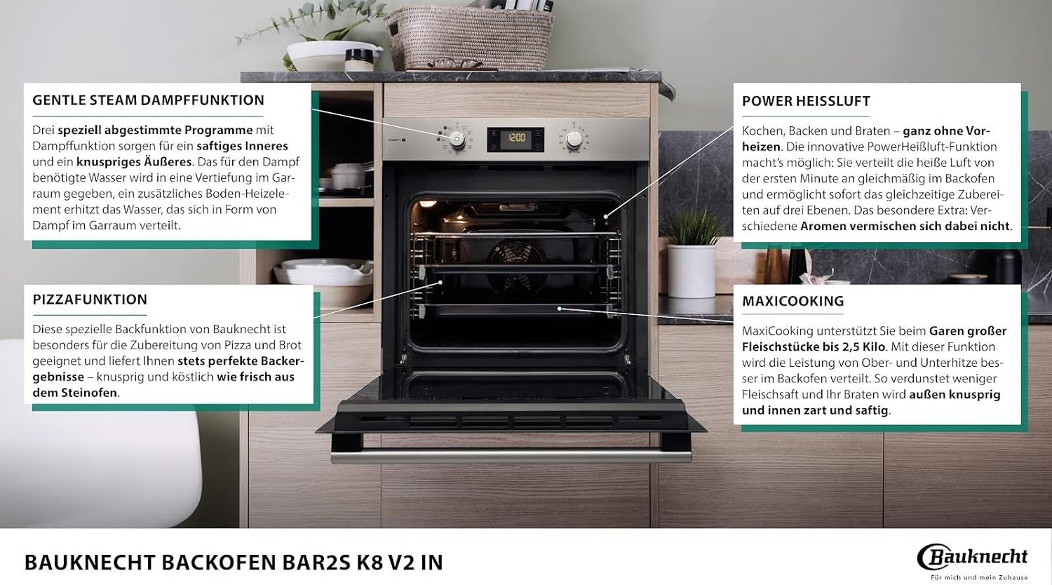 Bauknecht BAR2S K8 V2 in Four À Vapeur Avec Sortie De Four À 2 Positions/A+/71 L D'Espace De Cuisson Maxi/Air Chaud/Vapeur Douce Avec Ajout D'Humidité/Nettoyage Facile Avec Intérieur Smartclean, Acier