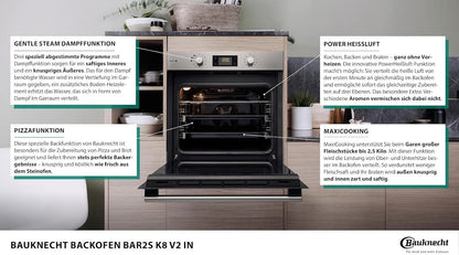 Bauknecht BAR2S K8 V2 in Four À Vapeur Avec Sortie De Four À 2 Positions/A+/71 L D'Espace De Cuisson Maxi/Air Chaud/Vapeur Douce Avec Ajout D'Humidité/Nettoyage Facile Avec Intérieur Smartclean, Acier