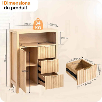 Meuble De Rangement, Armoire De Rangement En Bois Avec 1 Compartiment Ouvert, Meuble Sur Pied Avec 4 Tiroirs, Commode Pour Cuisine, Entrée, Salle De Bain, Chêne, 59 X 30 X 81 Cm