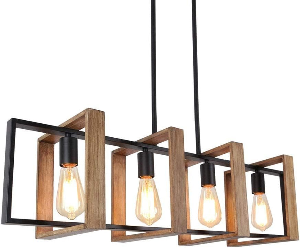 Éclairage D'Îlot De Cuisine, Lustre Moderne Noir Pour Salle À Manger Et Ferme, Lampes De Table De Billard, Finition Bois Et Métal Noir Mat (4 Têtes, Bois)