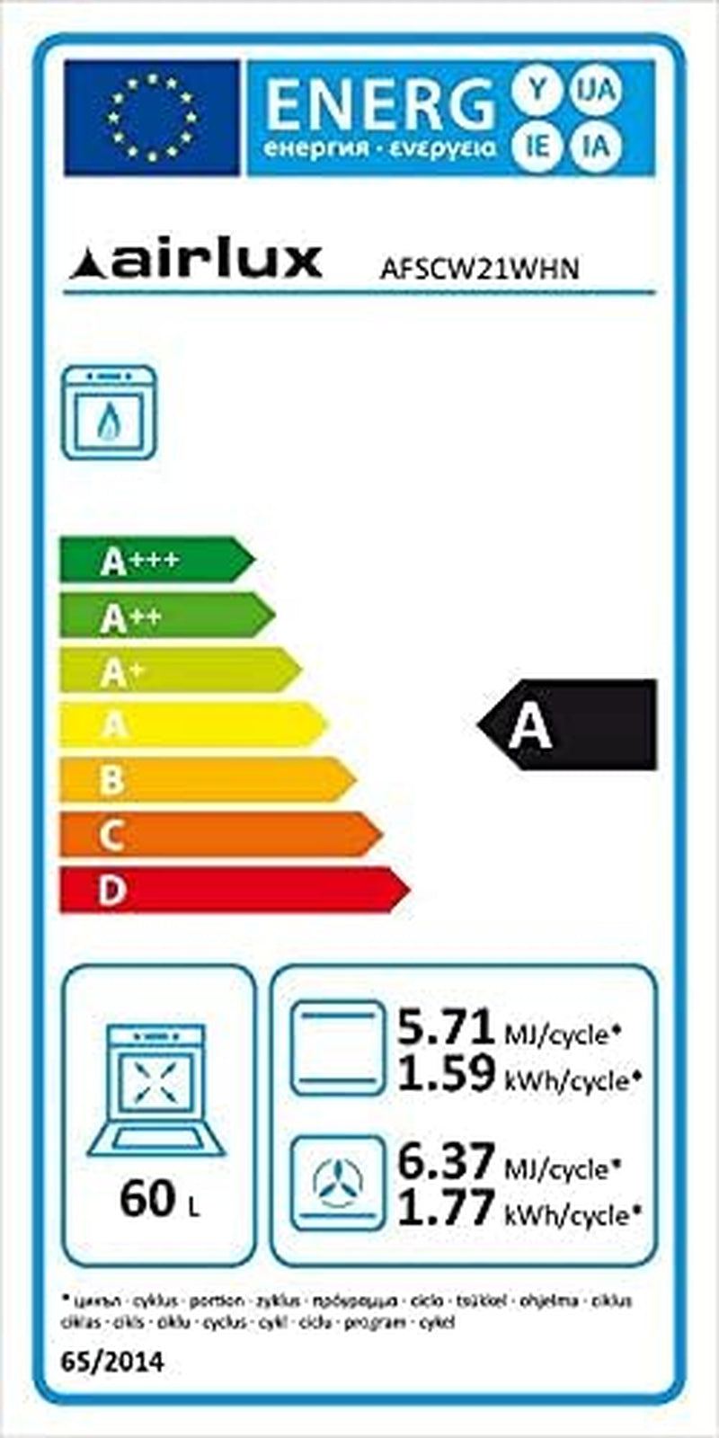 Airlux AFSCW21WHN Four Gaz Naturel, Propane/Butane Oven 60 L 2600 W Blanc A