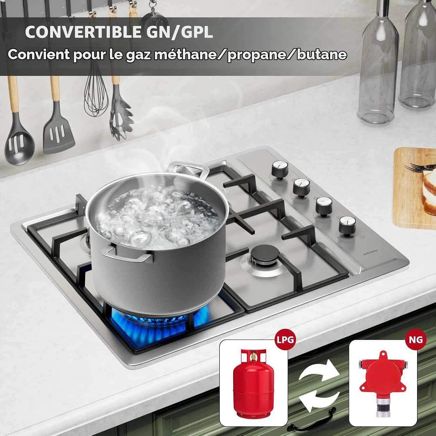 Plaque De Cuisson Gaz 4 Feux Inox, Plaque Gaz 60 Cm Encastrable, 7,8 Kw, Gaz De Ville Et Bouteille, Sécurité Thermocouple, Grille Fonte