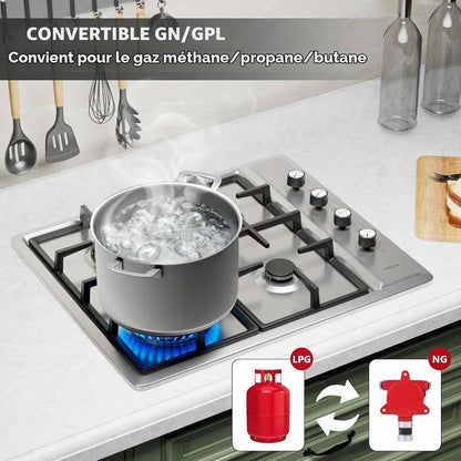 Plaque De Cuisson Gaz 4 Feux Inox, Plaque Gaz 60 Cm Encastrable, 7,8 Kw, Gaz De Ville Et Bouteille, Sécurité Thermocouple, Grille Fonte