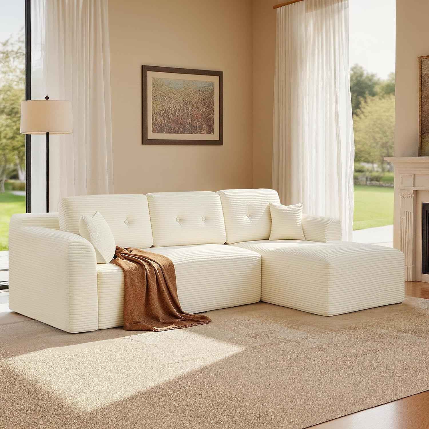 Canapé D’Angle, Canapé Modulable 244 Cm, Livré Compressé En Colis, Sans Montage, Avec Grande Méridienne À Droite, Pour Salon, Chambre D’Amis, Blanc Crème LCS184WD01