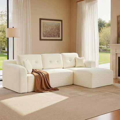 Canapé D’Angle, Canapé Modulable 244 Cm, Livré Compressé En Colis, Sans Montage, Avec Grande Méridienne À Droite, Pour Salon, Chambre D’Amis, Blanc Crème LCS184WD01