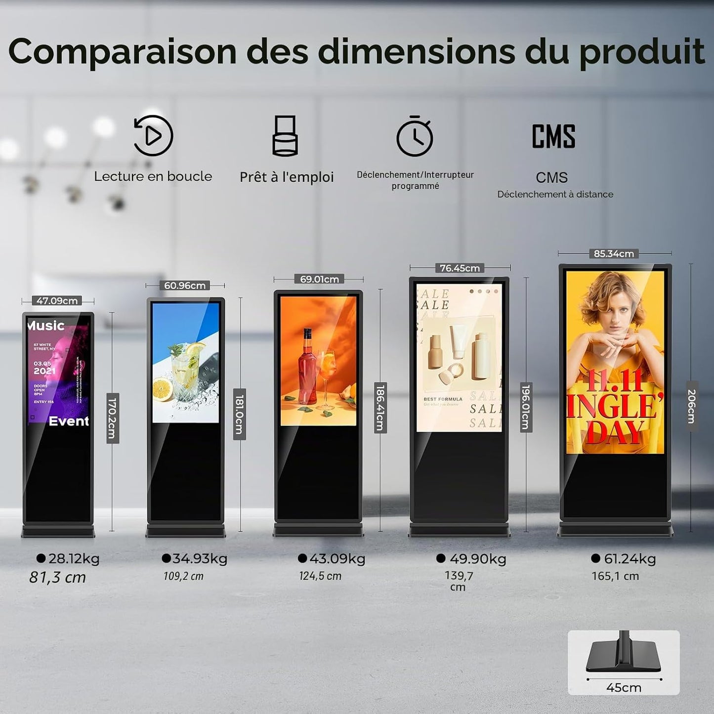 65" Écran Publicitaire 4K, Totem Affichage Autoportant IPS, Luminosité 450 Nits, Système Android, Ecran Publicitaire Interactive Pour Commerces Et Restaurants, Hdmi/Usb/Wifi, Tactile