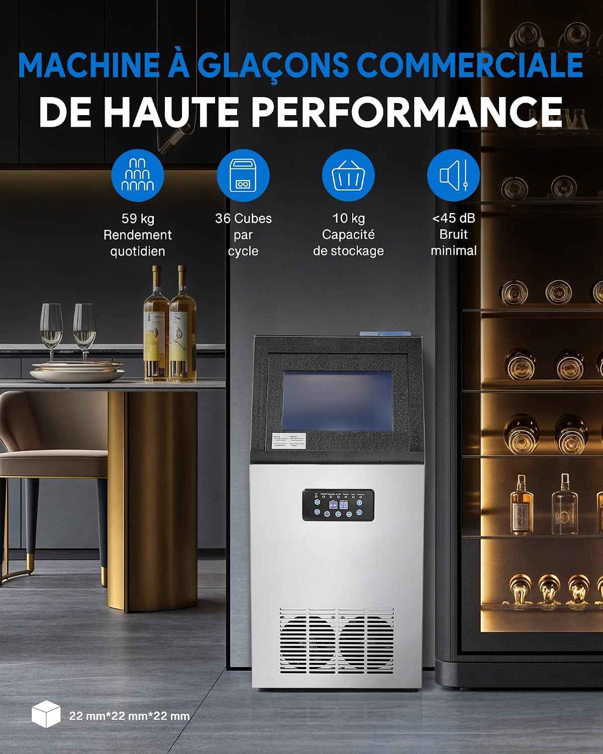 Machine À Glaçons Commerciale 480W 58Kg/24H Ice Maker Professionnel 36 Pièces Écran LCD Storage De 10Kg Pour Maison Bureau Restaurant Bar Café