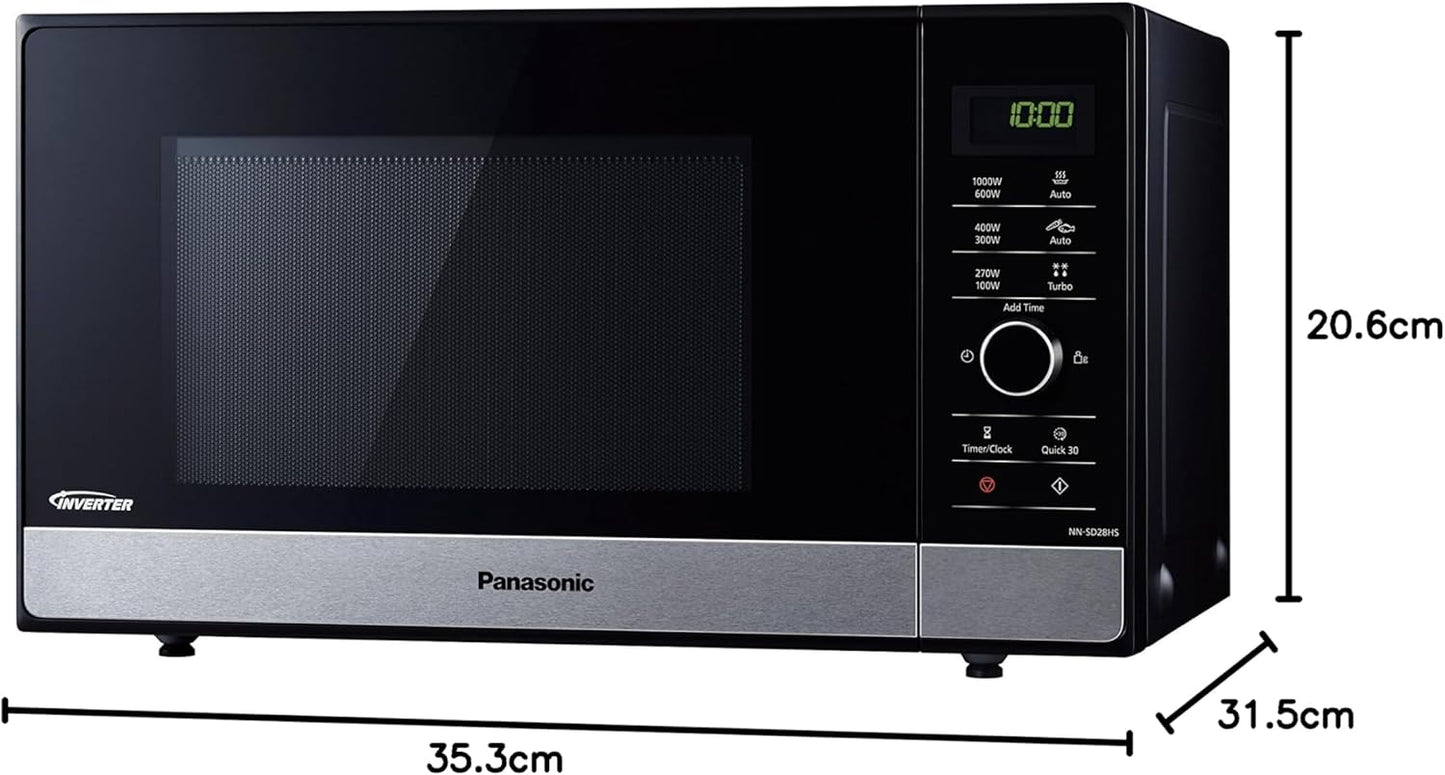 NN-SD28HSGTG-F Four Micro-Ondes Technologie Inverter Plateau Tournant En Verre, 23L, 1000W, 10 Programmes Auto, Décongélation Turbo, 6 Puissances, Minuterie, LED, Acier Inoxydable Noir