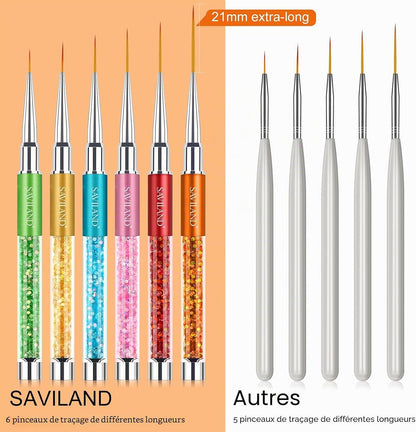 Pinceau Nail Art Ongle, 6Pcs Pinceaux Ongle Kit Fins En Capuchon, Absorption Uniforme Pinceaux Liner Nail Art, Utiliser Facilement Stylos Detailes Pour Gel Peinture（ Taile 7/9/11/13/23 Mm)