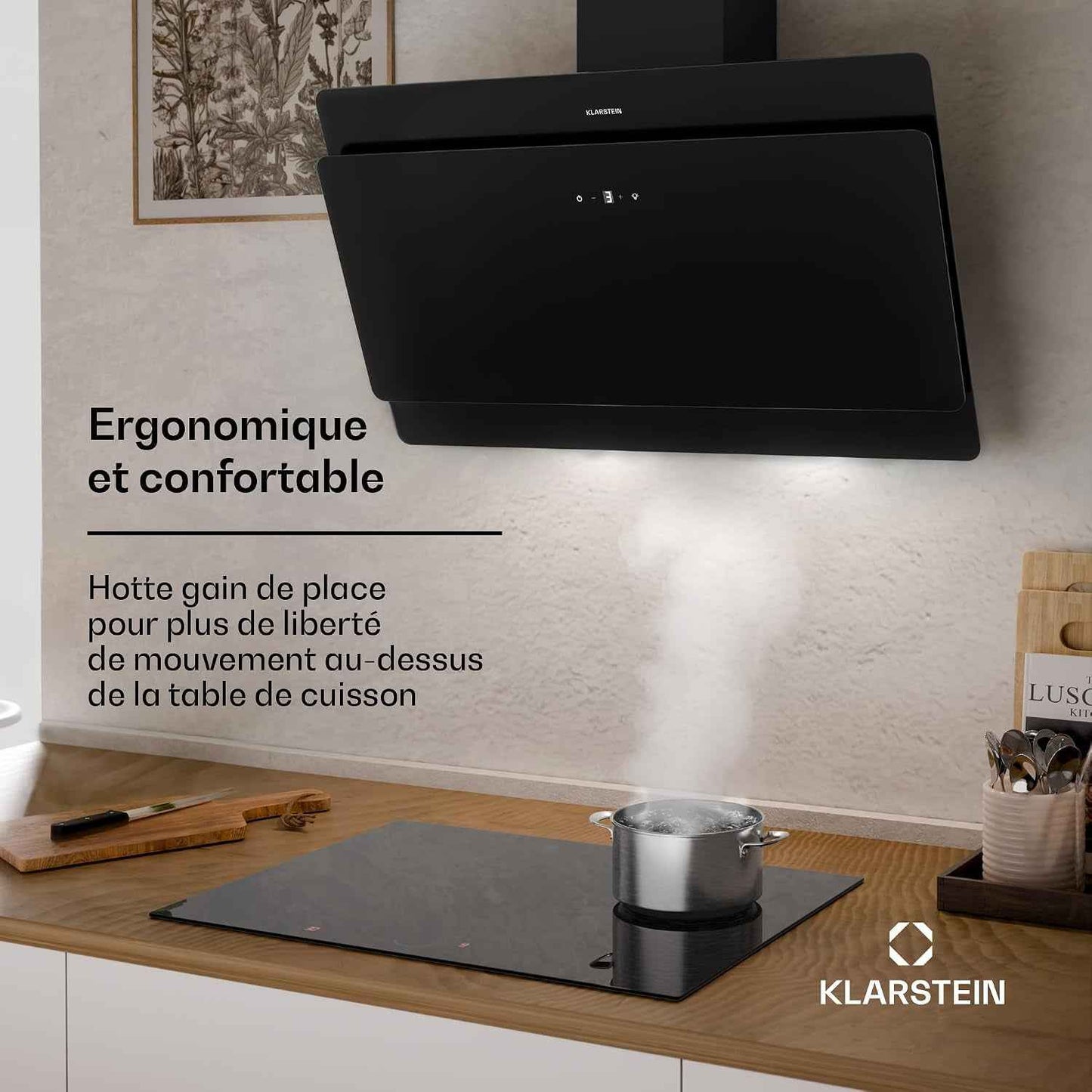 Montage Mural Hotte Aspirante Inclinées 90Cm, Pour Cuisine, Filtre En Aluminium, Débit D'Air Puissant 607M³/H, LED, Ecran Tactile, Extracteur D'Air Silencieux, Efficace Avec Evacuation, Noir