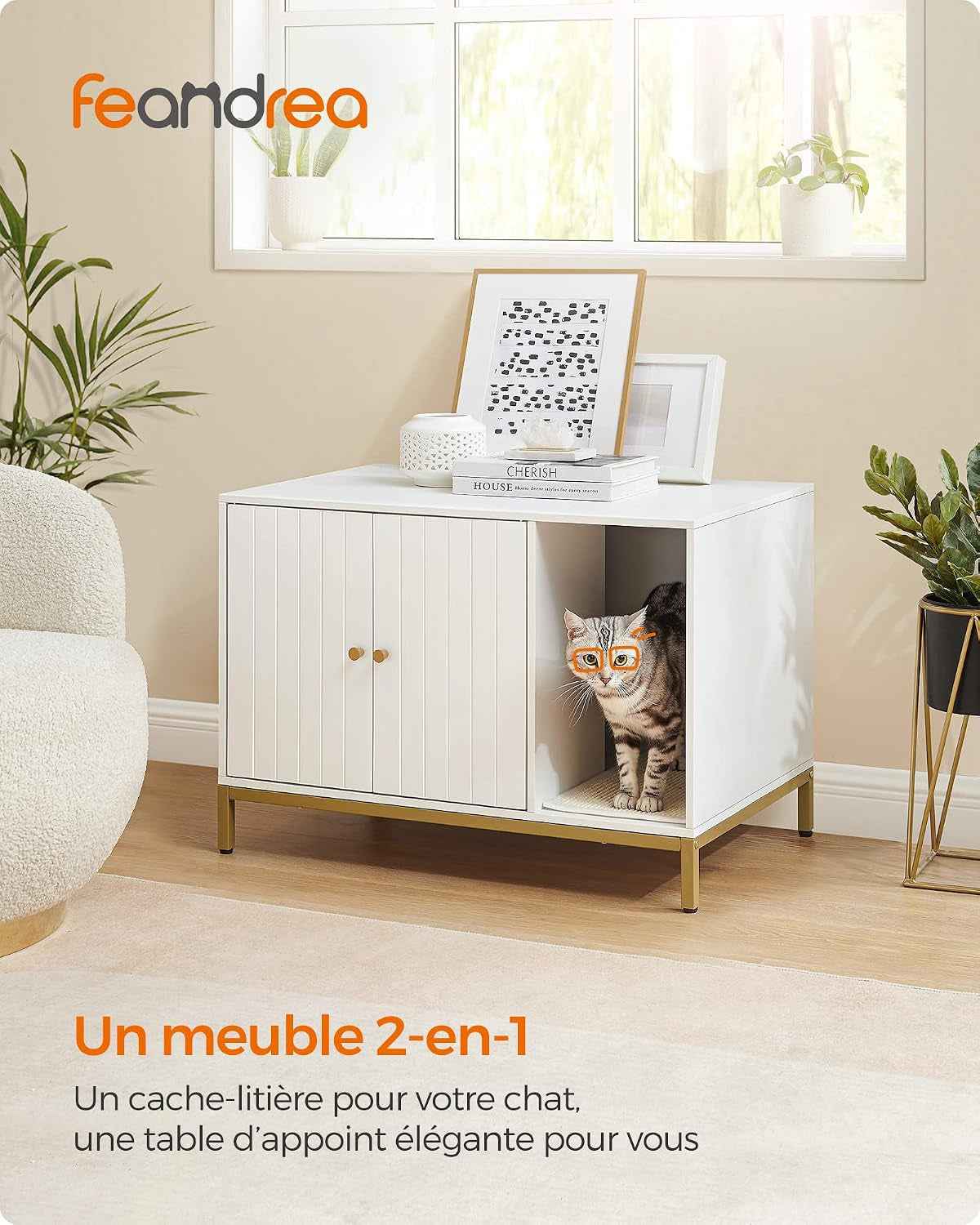Meuble Litière Pour Chat, Maison De Toilette Pour Chat, Avec Tapis De Grattage, Pieds Hauts, Table D'Appoint, 80 X 50 X 55 Cm, Blanc Et Doré PCL007W01