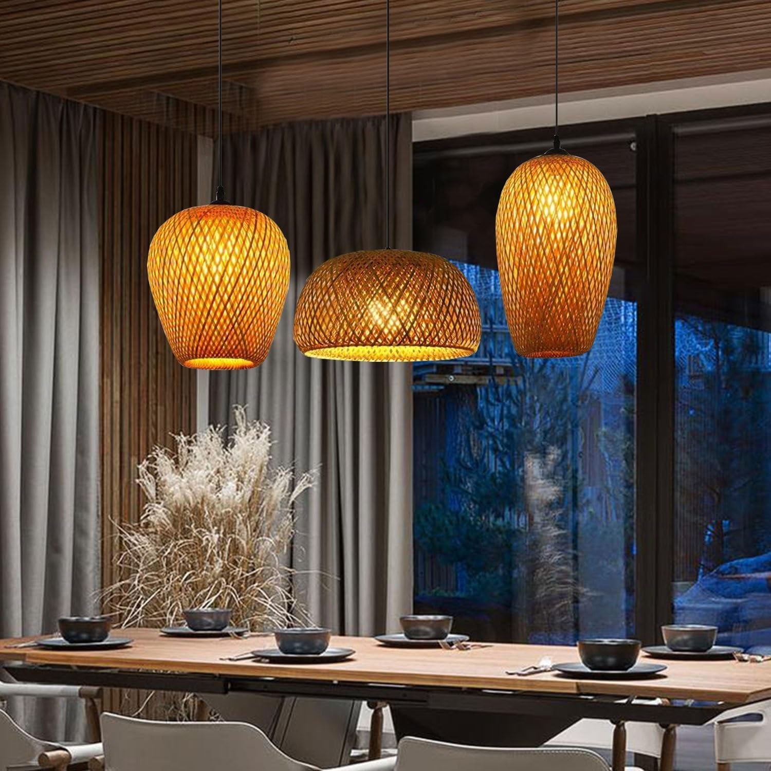 Bambou Naturel Tissé Suspension Rétro Lustre E27 Suspendue Hauteur Adjustable 3 Flammes Pendentif Luminaire Vintage Japonais Maison Intérieur Éclairage Bar Cuisine Restaurant Salle Lampe Plafond