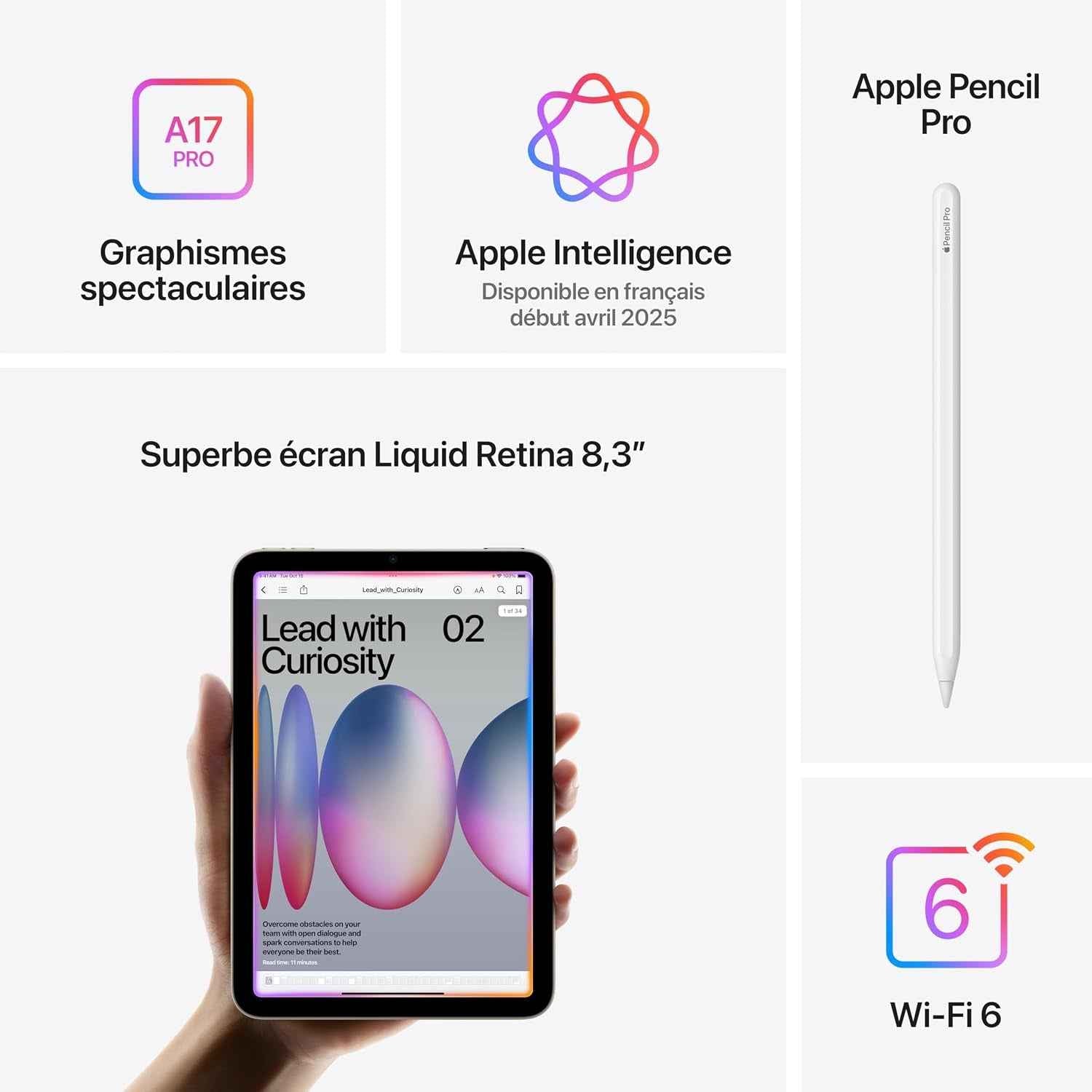 Ipad Mini (A17 Pro) : Écran Liquid Retina 8,3 Pouces, 128 Go, Wi-Fi 6E, Caméras Avant/Arrière 12 Mpx, Touch ID, Autonomie D’Une Journée - Gris Sidéral