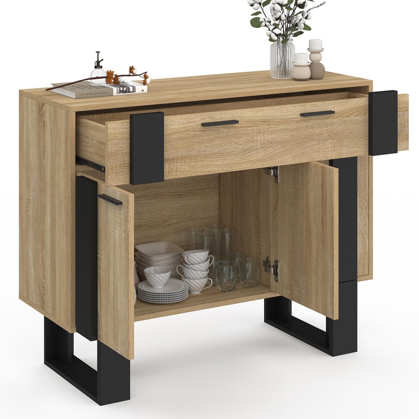 - Buffet 100 Cm Phoenix 3 Portes Et 1 Tiroir Bois Et Noir