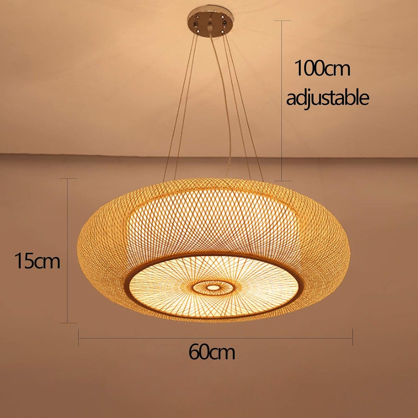 E27 Suspension Rétro Lampes Suspendues Bambou Lustre Naturel Pendentif Lumière Vintage Tressé Abat-Jour Rotin Hauteur Réglable Éclairage Salon Café Plafonnier,60Cm