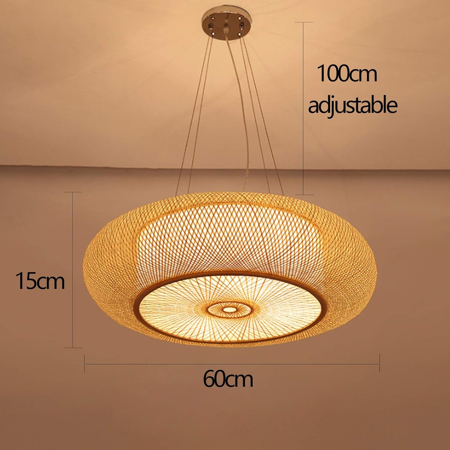 E27 Suspension Rétro Lampes Suspendues Bambou Lustre Naturel Pendentif Lumière Vintage Tressé Abat-Jour Rotin Hauteur Réglable Éclairage Salon Café Plafonnier,60Cm