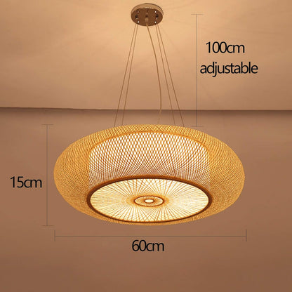 E27 Suspension Rétro Lampes Suspendues Bambou Lustre Naturel Pendentif Lumière Vintage Tressé Abat-Jour Rotin Hauteur Réglable Éclairage Salon Café Plafonnier,60Cm