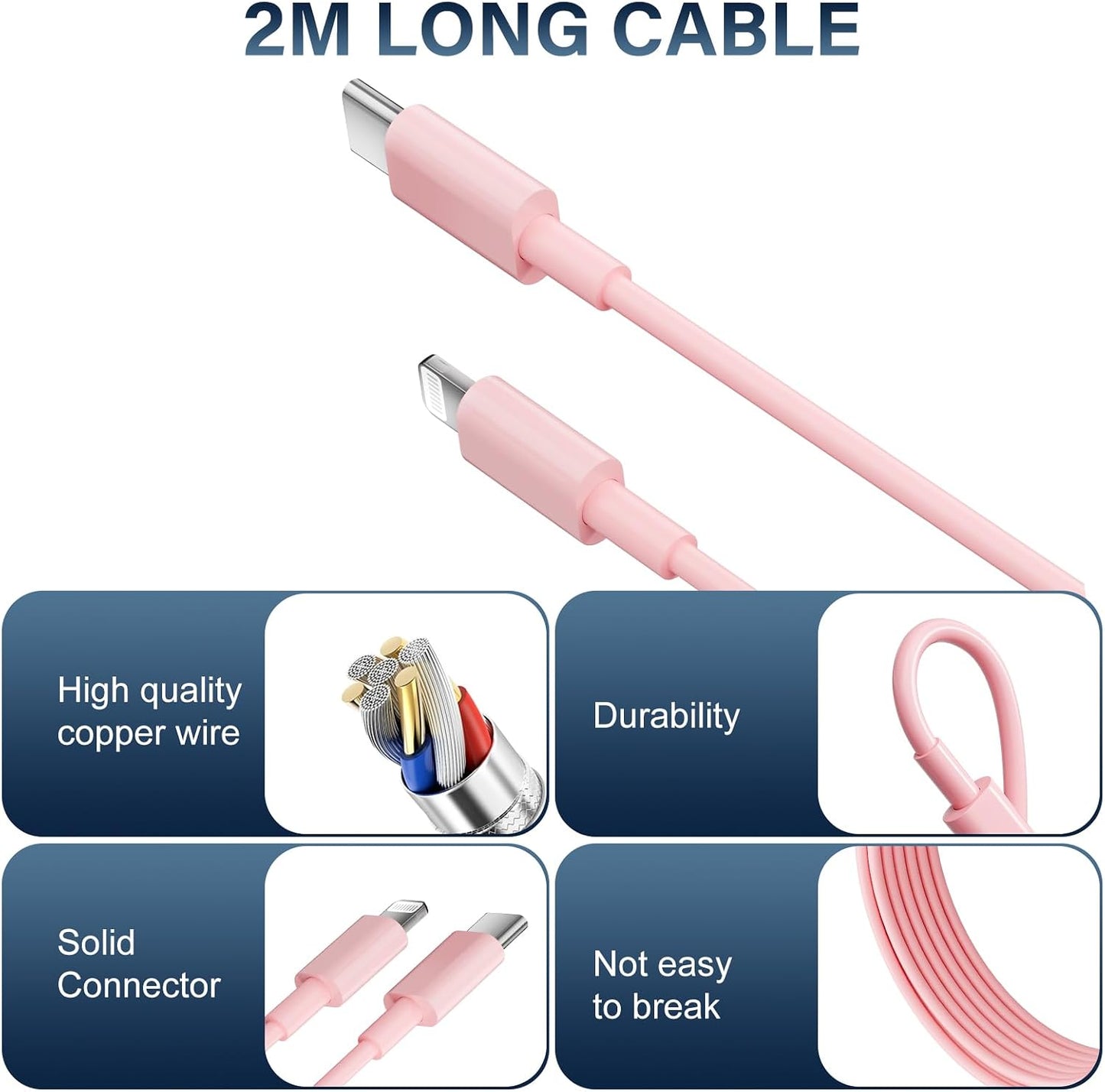 Chargeur Rapide Pour Iphone 14 13 12 11, Lot De 2 PD 3.0 Prise USB C Rose | Avec 2M Cable Lightning for Iphone 14/14Pro/13/13 Mini/13 Pro/13Pro Max/12/12Pro/12 Pro Max/11/11 Pro/ 11 Promax