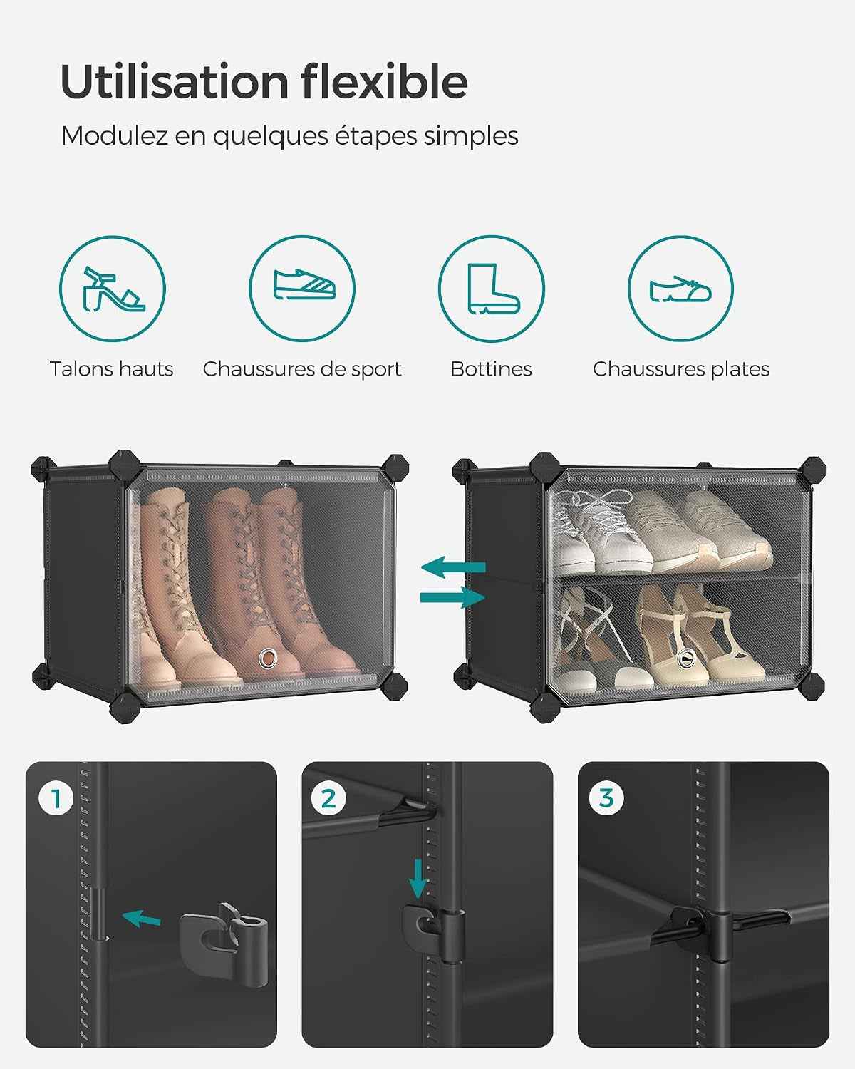 Étagère À Chaussures 10 Compartiments, Étagère De Rangement Modulable, Compartiment De 30 X 40 X 30 Cm, Porte, Cadre En Acier, Plastique, Pour Couloir, Chambre, Entrée, Noir LPC035B01