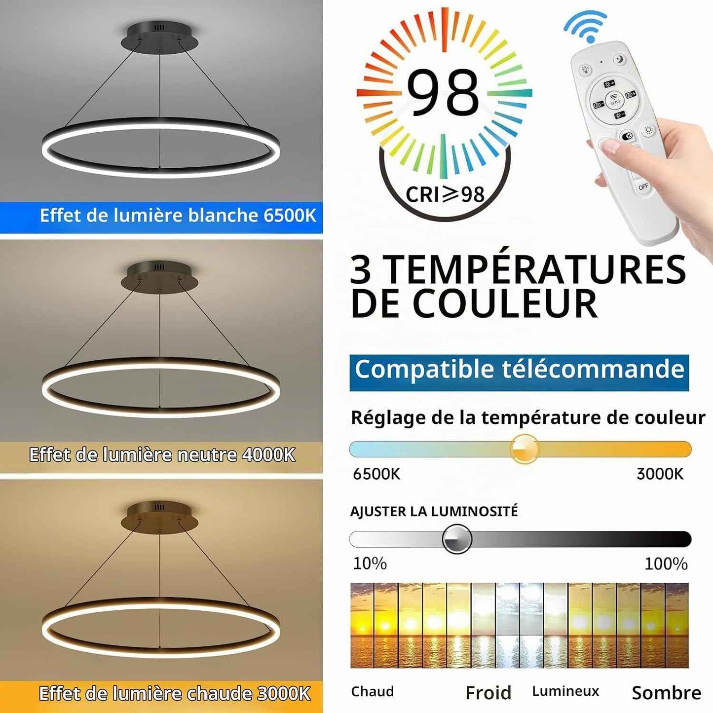 60Cm Luminaires Suspendus Pour Table À Manger Ronde, Lustre À Gradation De 10% À 100% Lampe Pendante De Cuisine LED 3000K/4500K/6500K Luminaire Suspendu Réglable En Hauteur Pour L'Île