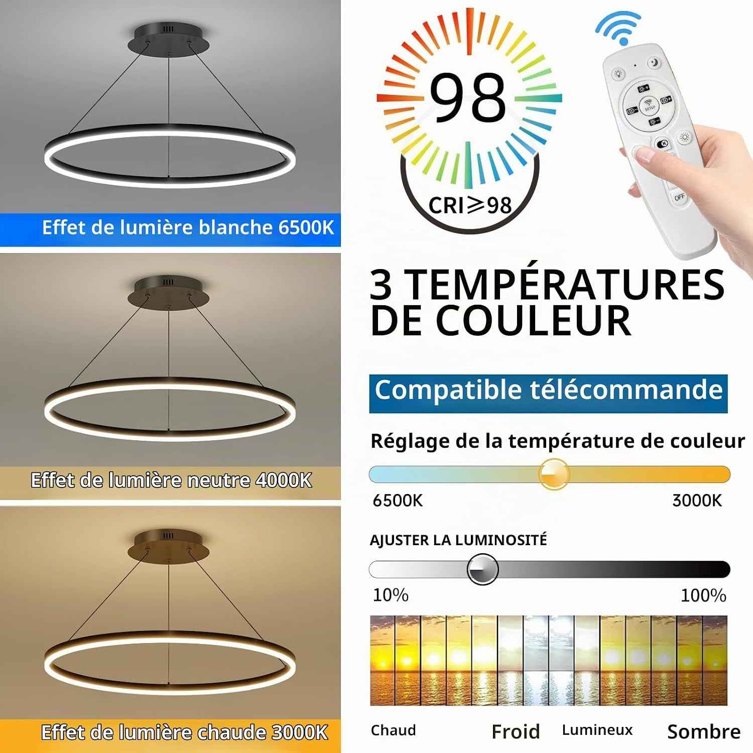 60Cm Luminaires Suspendus Pour Table À Manger Ronde, Lustre À Gradation De 10% À 100% Lampe Pendante De Cuisine LED 3000K/4500K/6500K Luminaire Suspendu Réglable En Hauteur Pour L'Île