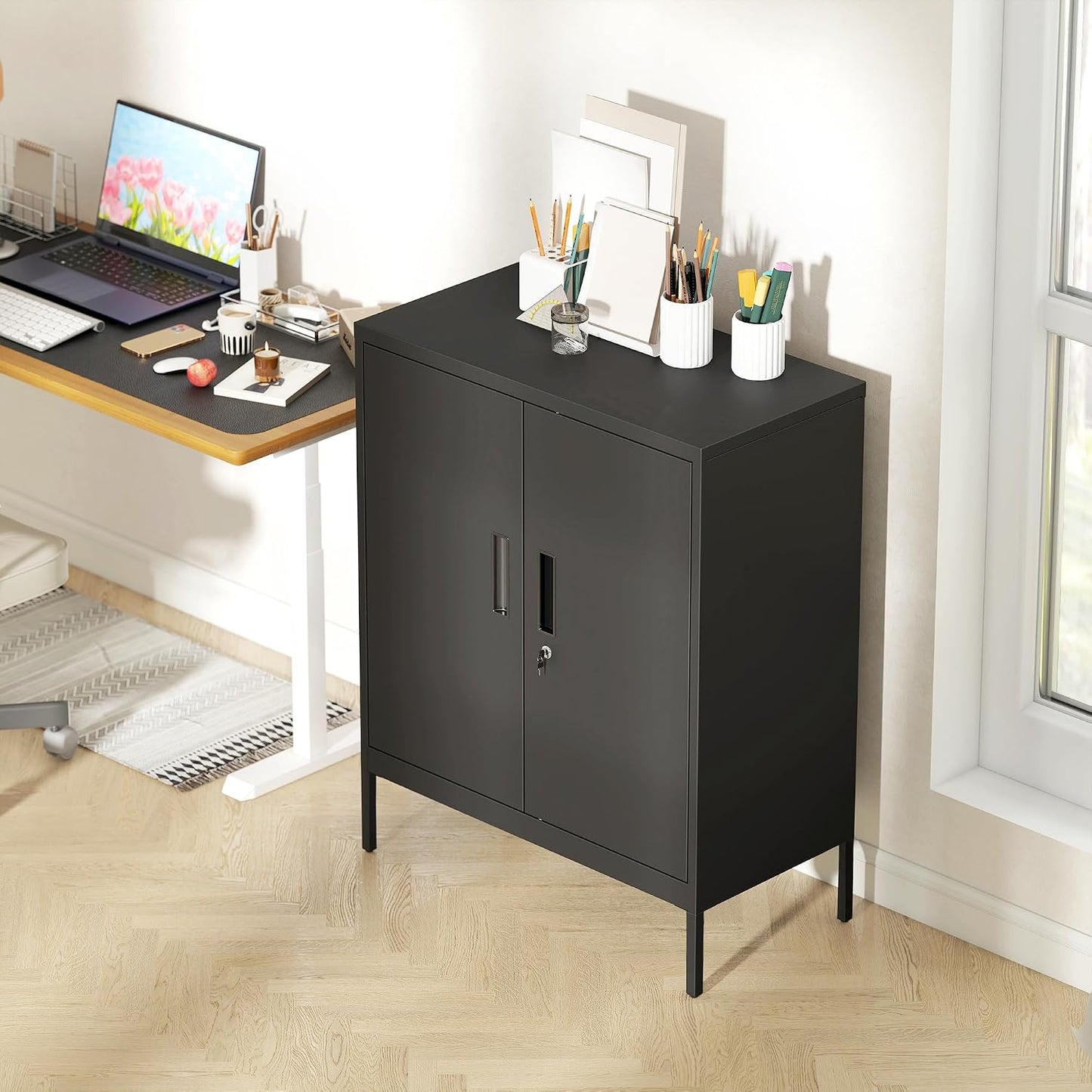 Armoire De Bureau Métallique Avec Serrure 80 X 40 X 100 Cm Noir | Meuble De Rangement En Acier, 2 Portes, 2 Étagères Réglables, Classeur Rangement Documents Industriel, Bureau Ou Garage
