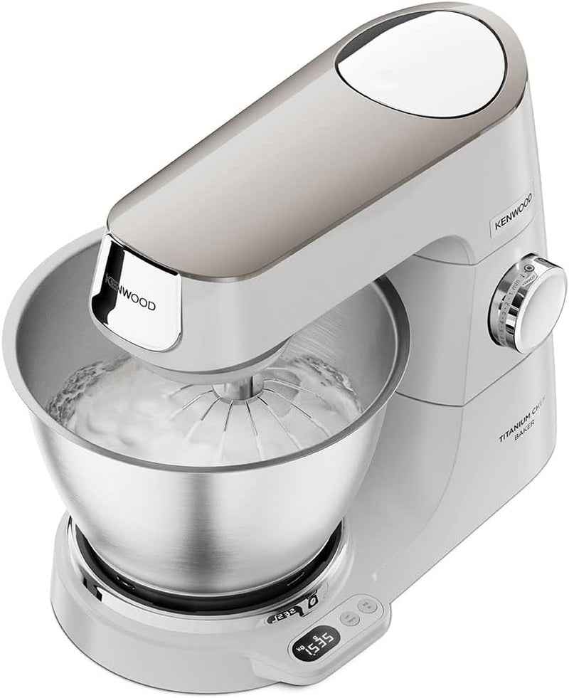 Kenwood Titanium Chef Baker KVC65.001WH, Robot Patissier Avec Balance Intégrée, Incl. Ensemble Pâtisserie 3 Pièces, Spatule & Protection Éclaboussures, 1200W, Blanc