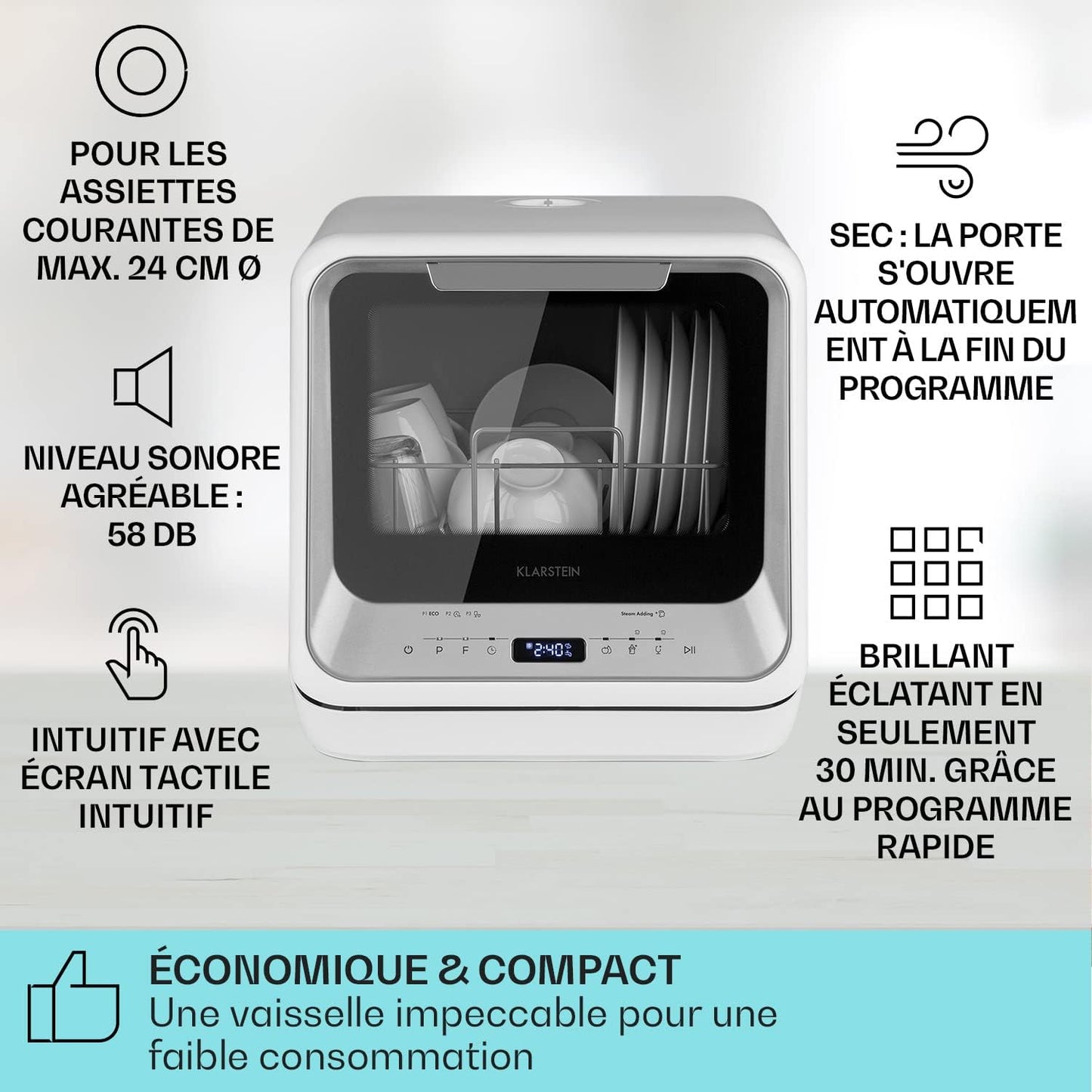 Mini Lave Vaisselle De 2 Couvert, Lave-Vaisselles Silencieux, 7 Programmes De Lavage, Petit Lave-Vaisselle De Table Compact, Lave Vaisselle Portable, Facile À Installer Pour Maison, Bureau