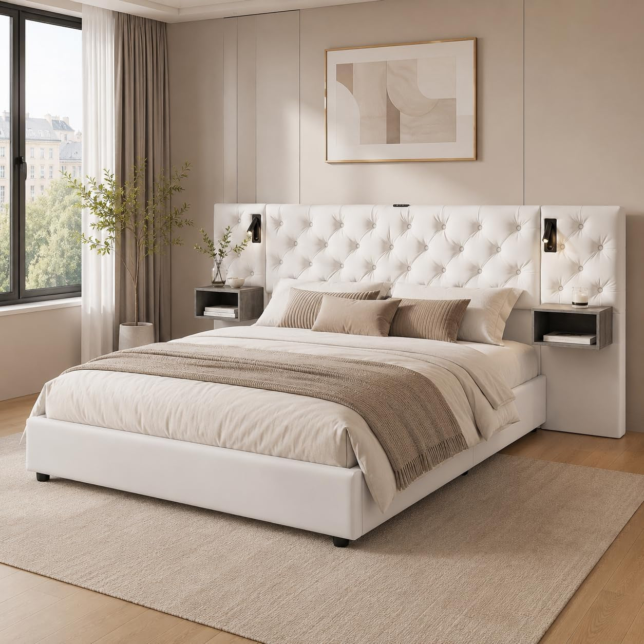 Lit Coffre 140X200 Cm Avec Sommier, Lit Complet En Velours Avec Tables De Chevet, Lit Double Avec Lampes De Lecture, Tête De Lit Avec USB Et USB-C, Pour Adultes (Blanc Cassé, 140 X 200 Cm)