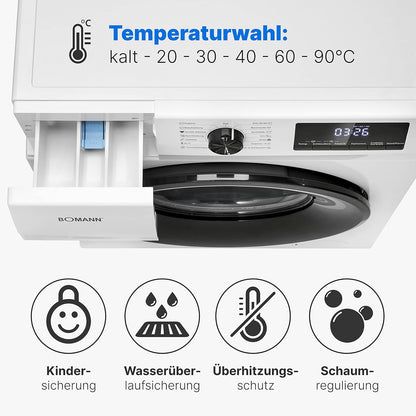 Bomann WA 7174 7Kg Frontlader Waschmaschine, 60 Cm Breit, 1400 U/Min, Fremdkörperfalle, Kindersicherung, Reversierautomatik, 15 Waschprogramme, Weiß
