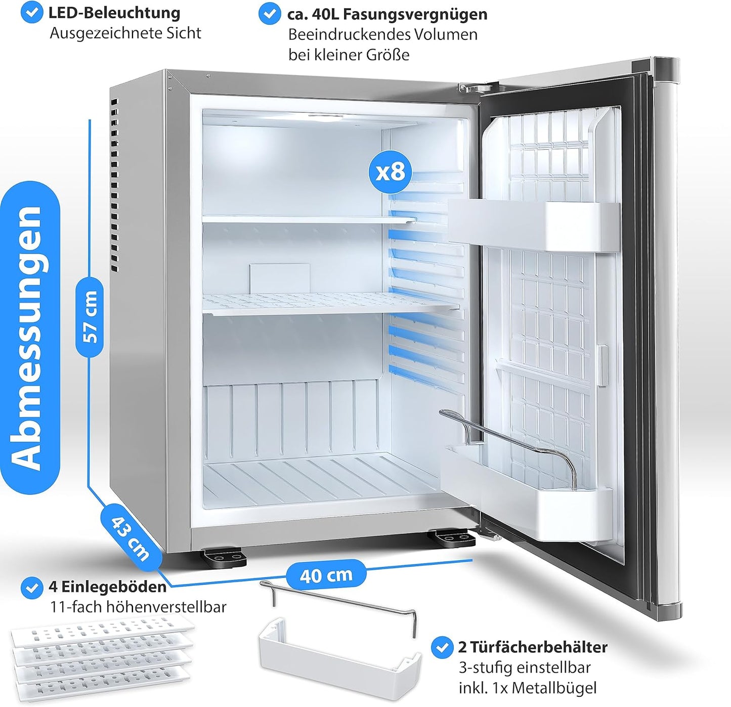 KESSER® Mini Réfrigérateur Avec Serrure, Mini Bar De 40 L, Silencieux, 22 DB, Verrouillable, Chambre À Coucher, Butée De Porte Amovible, Env. 4 À 16 °C, Hauteur 57 Cm, Éclairage Intérieur