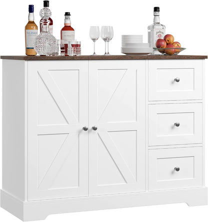 Meuble De Rangement, Buffet Cuisine, Blanc Et Marron | 3 Tiroirs Et 2 Portes, Meuble Cuisine Placard Pour Cuisine, Salle À Manger, Salon