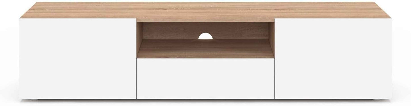- Meuble TV 140 Cm ELI Bois Façon Hêtre Portes Blanches