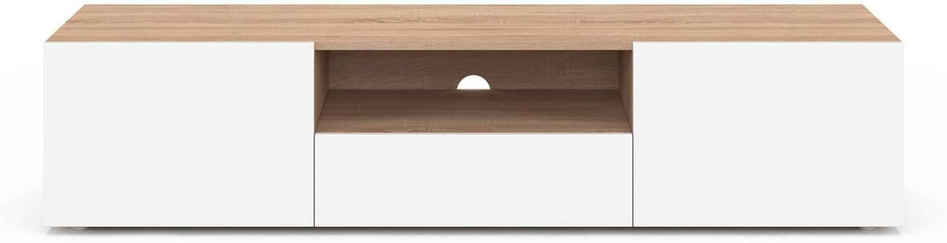 - Meuble TV 140 Cm ELI Bois Façon Hêtre Portes Blanches
