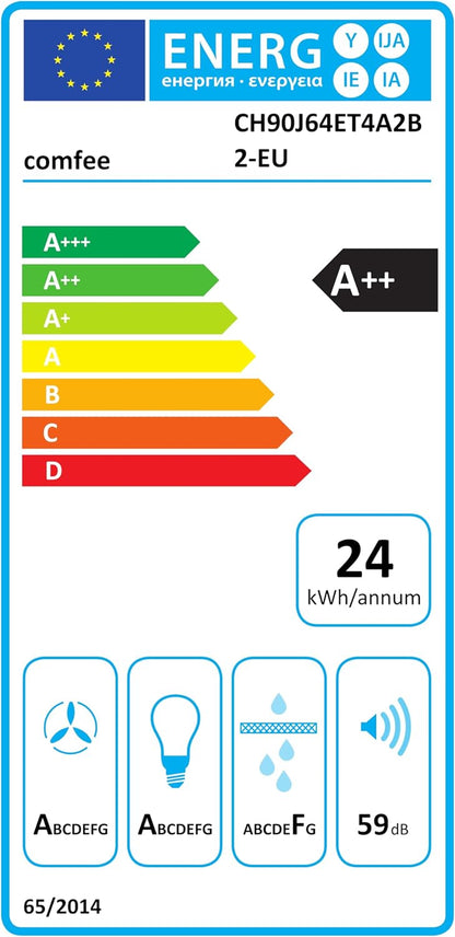 ' CH90J64ET4A2B2-EU Hotte Aspirante Inclinée, 620M³/H, 90Cm, A++ | 59 Db, Commande Tactile, 4 Vitesses, Recirculation Et Évacuation, Filtre Aluminium 5 Couches, LED, Noir, Verre Trempé