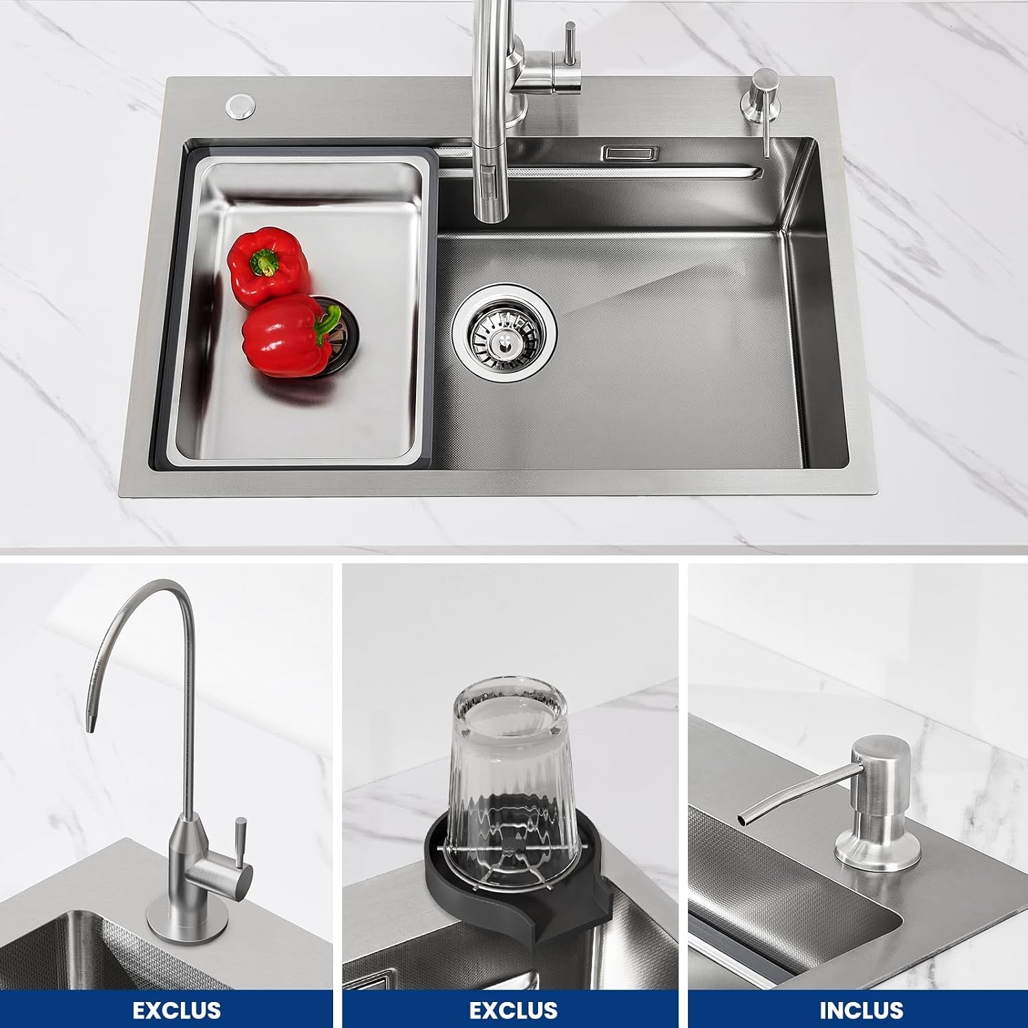 Évier Cuisine Multifonction 70X45 CM, Pour Plan De Travail 80Cm+ | Polyvalent Pour Évier Avec Égouttoir/Planche Découper/Distributeur Savon, Résistant Usure/Corrosion, Facile Nettoyage, Inox