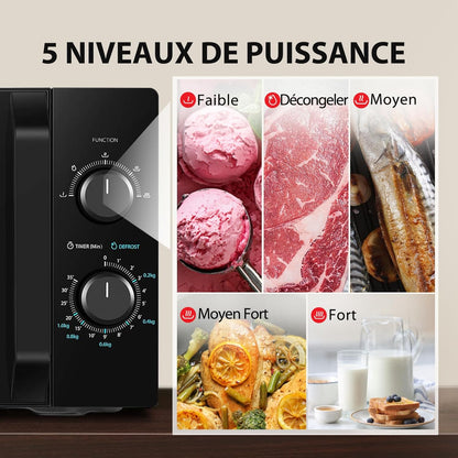 Micro-Ondes 20L MW2-MM20P(BK), Micro-Ondes Sur Pied, 800W, 5 Niveaux De Puissance, Avec Décongélation Facile, Éclairage LED À L'Intérieur, Noir