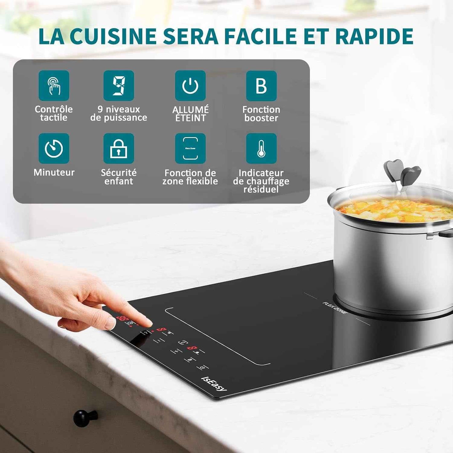 Plaque Induction 2 Feux Encastrable,  Table De Cuisson Electrique 3400W, 2 Boosters, Minuterie, Zones Flexibles, Arrêt Auto, Verrou Enfants, Noir