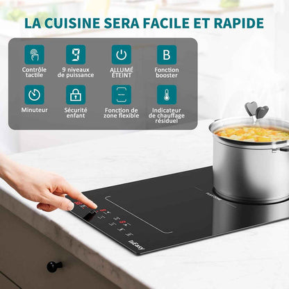 Plaque Induction 2 Feux Encastrable,  Table De Cuisson Electrique 3400W, 2 Boosters, Minuterie, Zones Flexibles, Arrêt Auto, Verrou Enfants, Noir