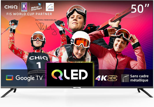 TV Intelligente U50QM8G 50 Pouces, UHD QLED HDR, Sans Cadre Et Métallique, Google TV, Dolby Audio, Syntoniseur Triple, Wi-Fi 2,4G/5G, Google Assistant, HDMI 2.1, USB2.0, Modèle 2023 Noir