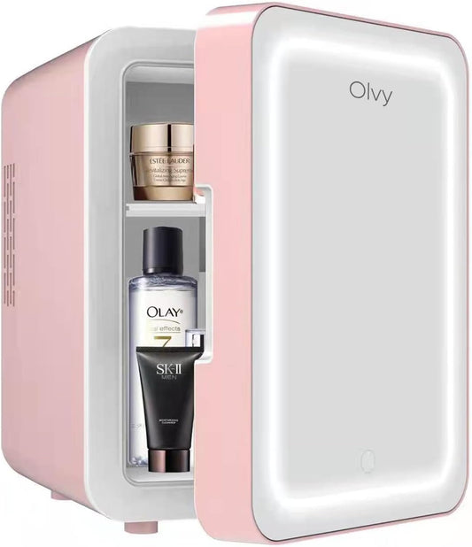 Olvy Réfrigérateur Cosmétique 4 Litres, Mini Frigo, Mini Réfrigérateur Portable Avec Miroir LED, Petit Réfrigérateur Pour Soins De La Peau, Skincare Fridge, Rose