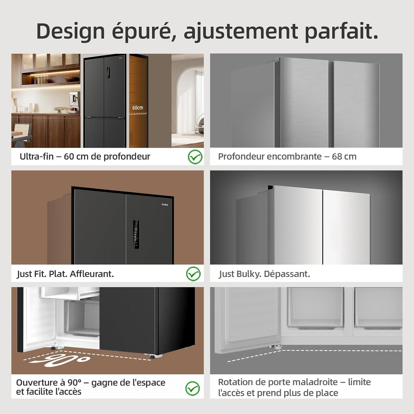 458L Frigo Américain 4 Portes Total No Frost Noir (CCD460NGE) | Silencieux 37Db, Froid Ventilé, Système Multiairflow, Congélateur -32°C, Zone Care + Space,Profondeur 600Mm