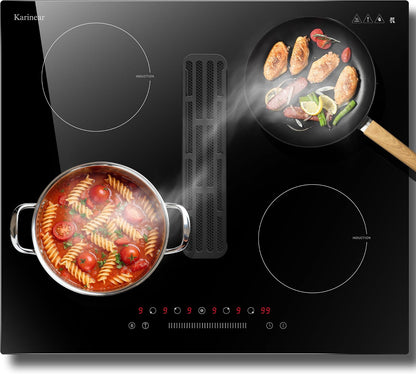 Plaque À Induction Avec Hotte Aspirante De 135W, Plaque Induction 4 Feux Encastrable 60CM, Fonction Booster, Minuterie, Pause, Table De Cuisson À Induction 6400W, 220V, Sans Prise
