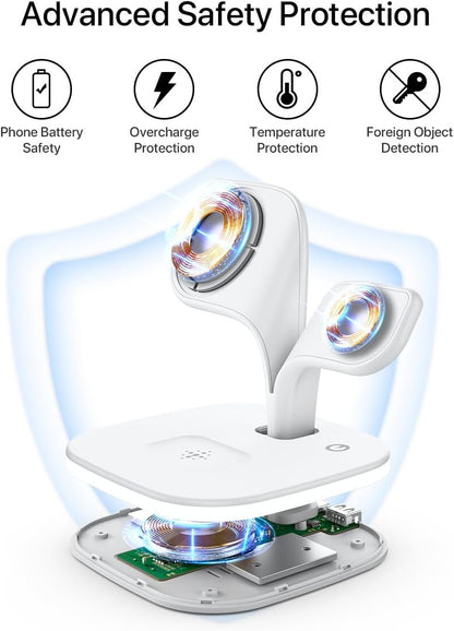Mag-Safe Chargeur Induction, Magnétique 3 En 1 Station De Charge Pour Apple Avec Lampe, Chargeur Sans Fil Rapide Pour Iphone 17 16 15 14 13 12 Pro Max/Plus/Air, Apple Watch, Pour Airpods-Blanc