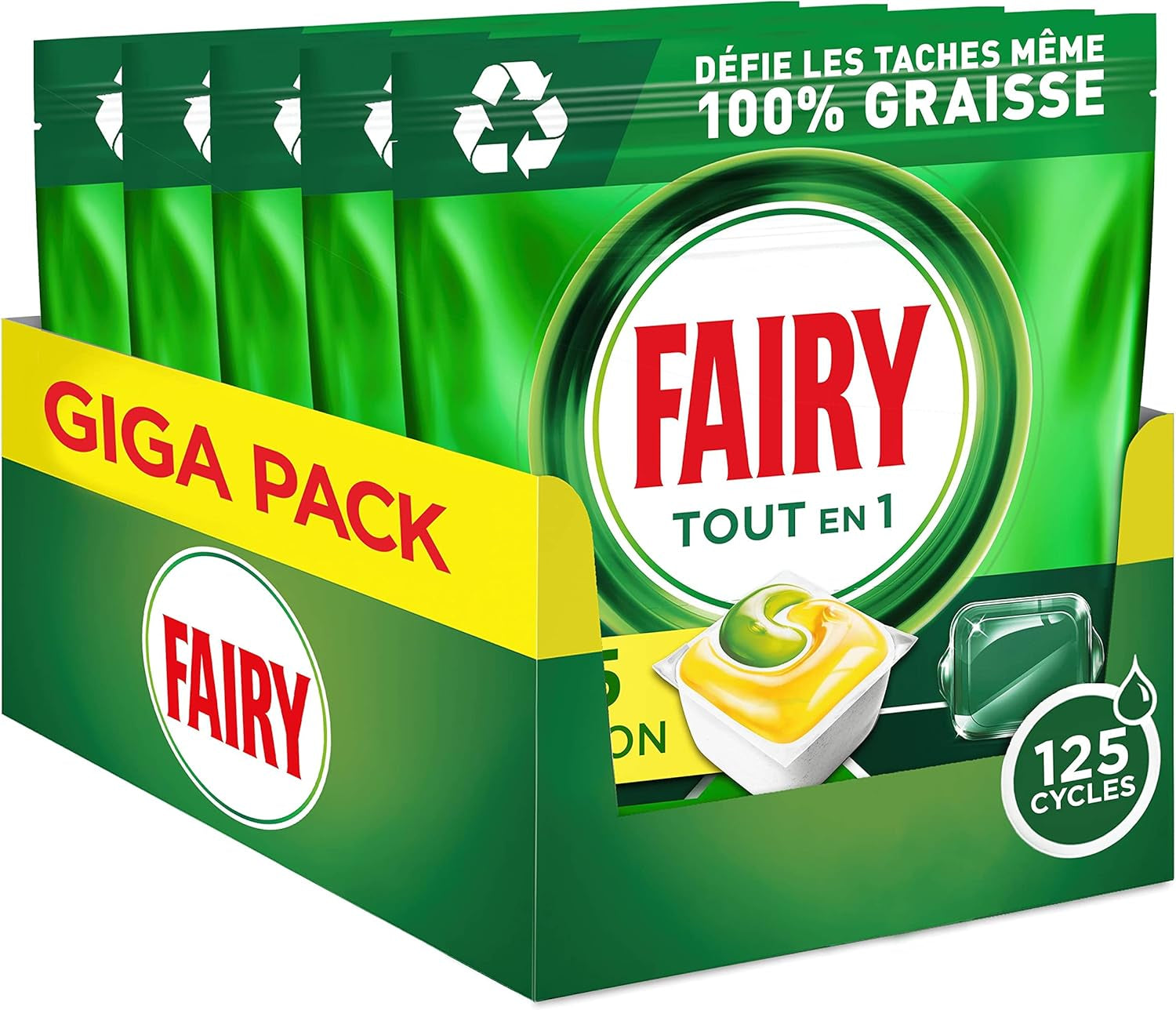 Original Tablettes Lave-Vaisselle All in One, Citron, 125 Capsules (5X25 Pastilles), Efficaces Même Sur La Graisse Incrustée