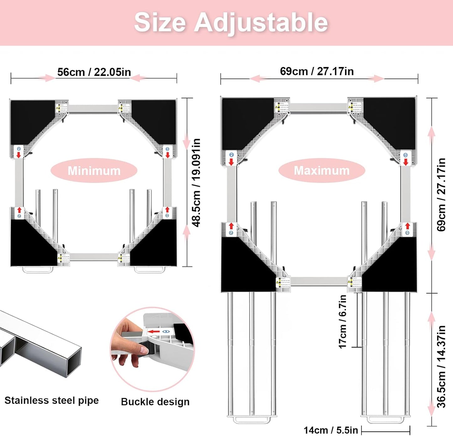 Kit De Superposition Universel, Avec 6 Tiges Télescopiques | Universel Cadre Intermédiaire Pour Lave-Linge Et Sèche-Linge Avec Corde À Cliquet, Taille Réglable（Largeur: 56-69Cm）
