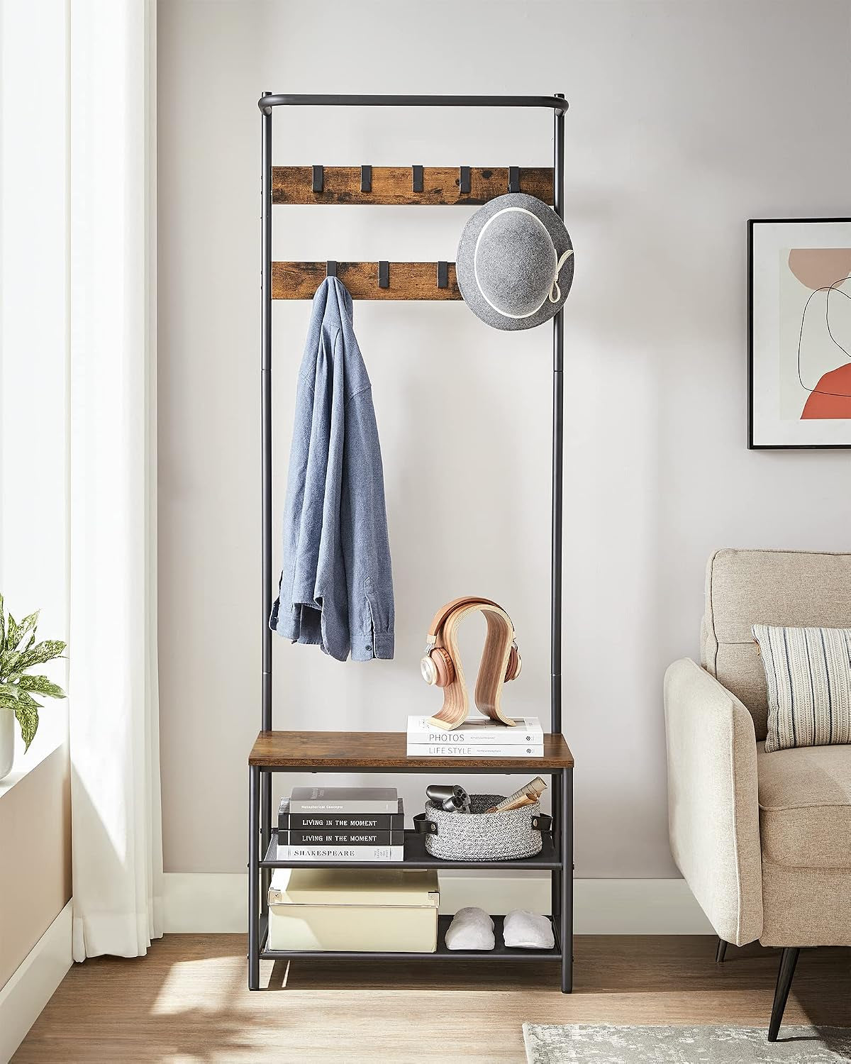 Meuble D’Entrée, Porte-Manteaux, Avec Banc Et Étagère À Chaussures, 9 Crochets Amovibles, Tringle, 32,2 X 64 X 180 Cm, Pour Entrée, Chambre, Style Industriel, Marron Rustique Et Noir HSR411B01