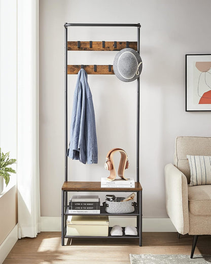 Meuble D’Entrée, Porte-Manteaux, Avec Banc Et Étagère À Chaussures, 9 Crochets Amovibles, Tringle, 32,2 X 64 X 180 Cm, Pour Entrée, Chambre, Style Industriel, Marron Rustique Et Noir HSR411B01