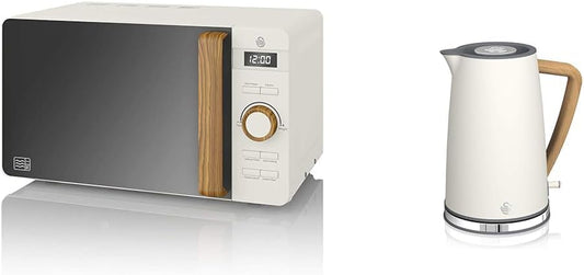 Nordic Micro-Ondes Numérique 20 L, 6 Niveaux De Fonctionnement, 800 W Puissance & Nordic Bouilloire Électrique Ultra Rapide Sans Fil Design Moderne 1,7 L 2200 W Poignée Effet Bois Blanc